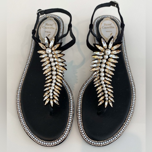 RENE CAOVILLA BLACK LEATHER SUEDE CRYSTAL PEARL SANDALS SIZE IT 38 / IT 8 - Picture 5 of 16